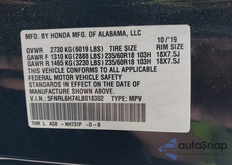 2020 Honda Odyssey Ex-L/Ex-L W/Navi Res z USA, uszkodzony, nr VIN 5FNRL6H74LB018302